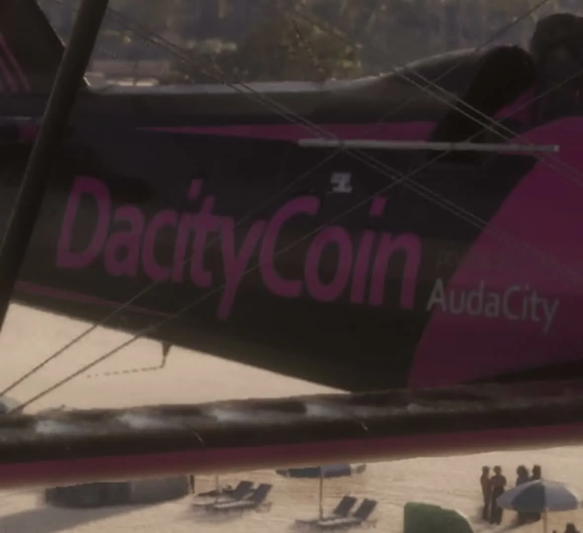 Frame at 11:45 of Jeeves Williams' video “All 69 Fictional Brands in the GTA VI Launch Trailer”: the plane's “DacityCoin” and “AudaCity” lettering. The creator's subtitle at 11:44.9 reads “This is dunking on MiamiCoin,”.