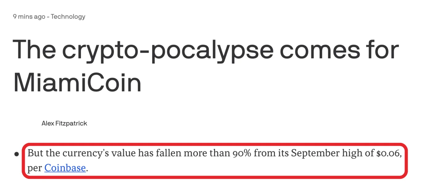 Axios, “The crypto-pocalypse comes for MiamiCoin”, May 20, 2022. Boxed in red: “But the currency's value has fallen more than 90% from its September high of $0.06, per Coinbase.”